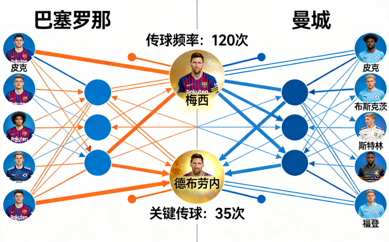 欧冠决赛传球网络图：以节点和连线展示两队球员间的传球频率与方向，突出显示核心组织者