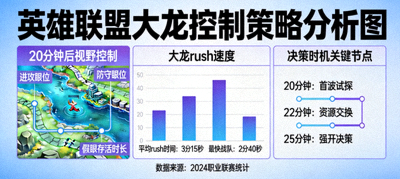 英雄联盟大龙控制策略分析图，展示战队在20分钟后对大龙的视野控制、rush速度与决策时机