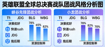 英雄联盟全球总决赛战队团战风格分析图，展示不同战队在峡谷先锋、小龙团战的决策偏好与资源控制率对比